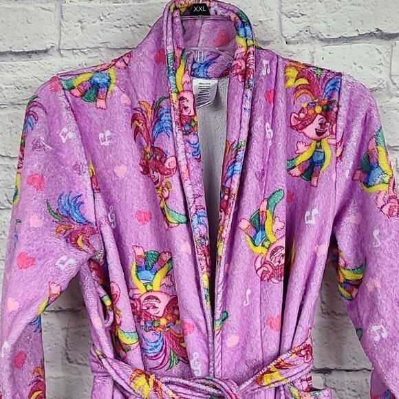 Trolls Girl's 10/12 Poppy Minky Plush Fleece Bathrobe Pink Robe Pockets Belted - Picture 4 of 8